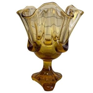 Viking Amber Glass Handkerchief Dish 8" Six Petal Pedestal Drape MCM